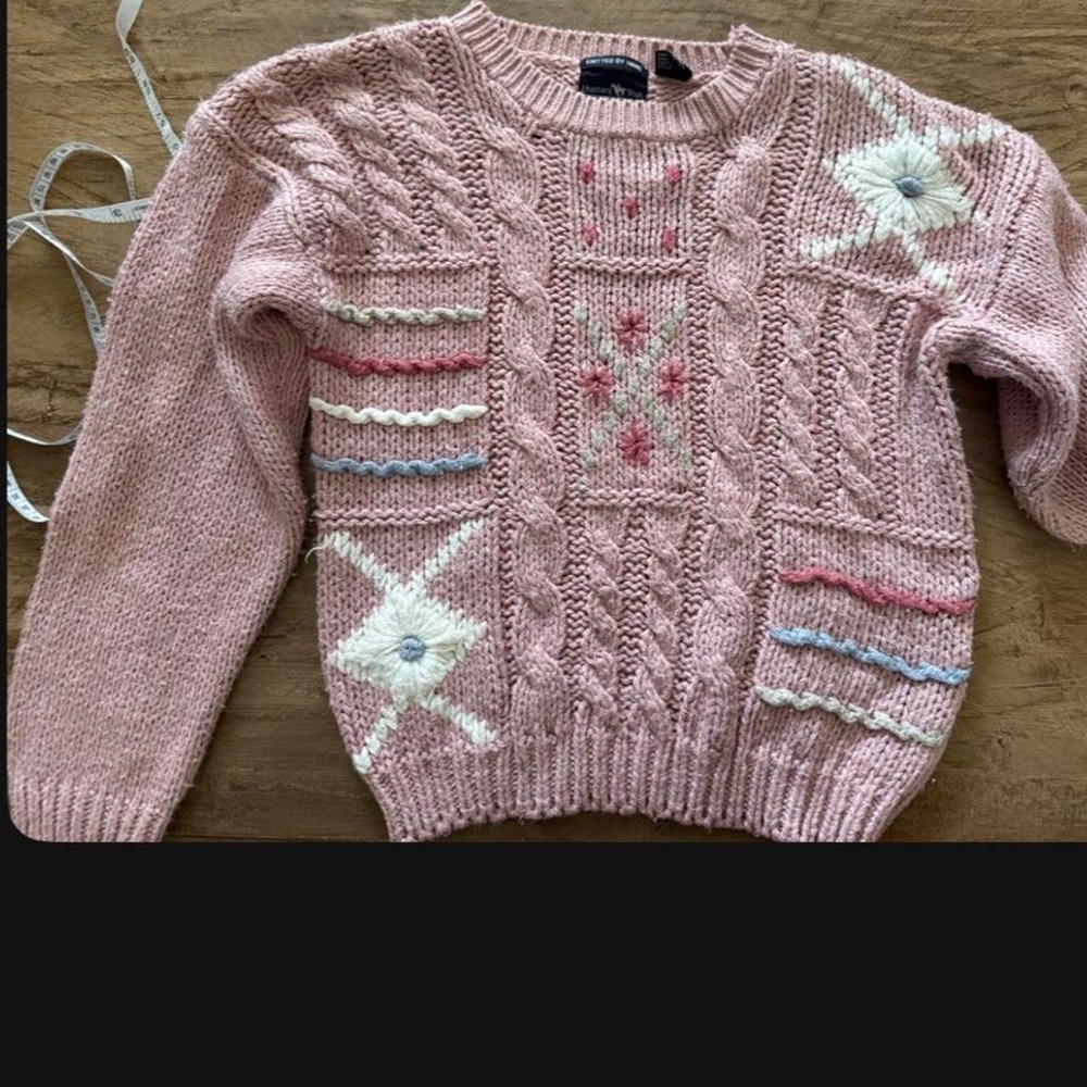 Vintage Hunters Run Hand Knit Sweater Pink Floral Cable Knit Ramie Cotton